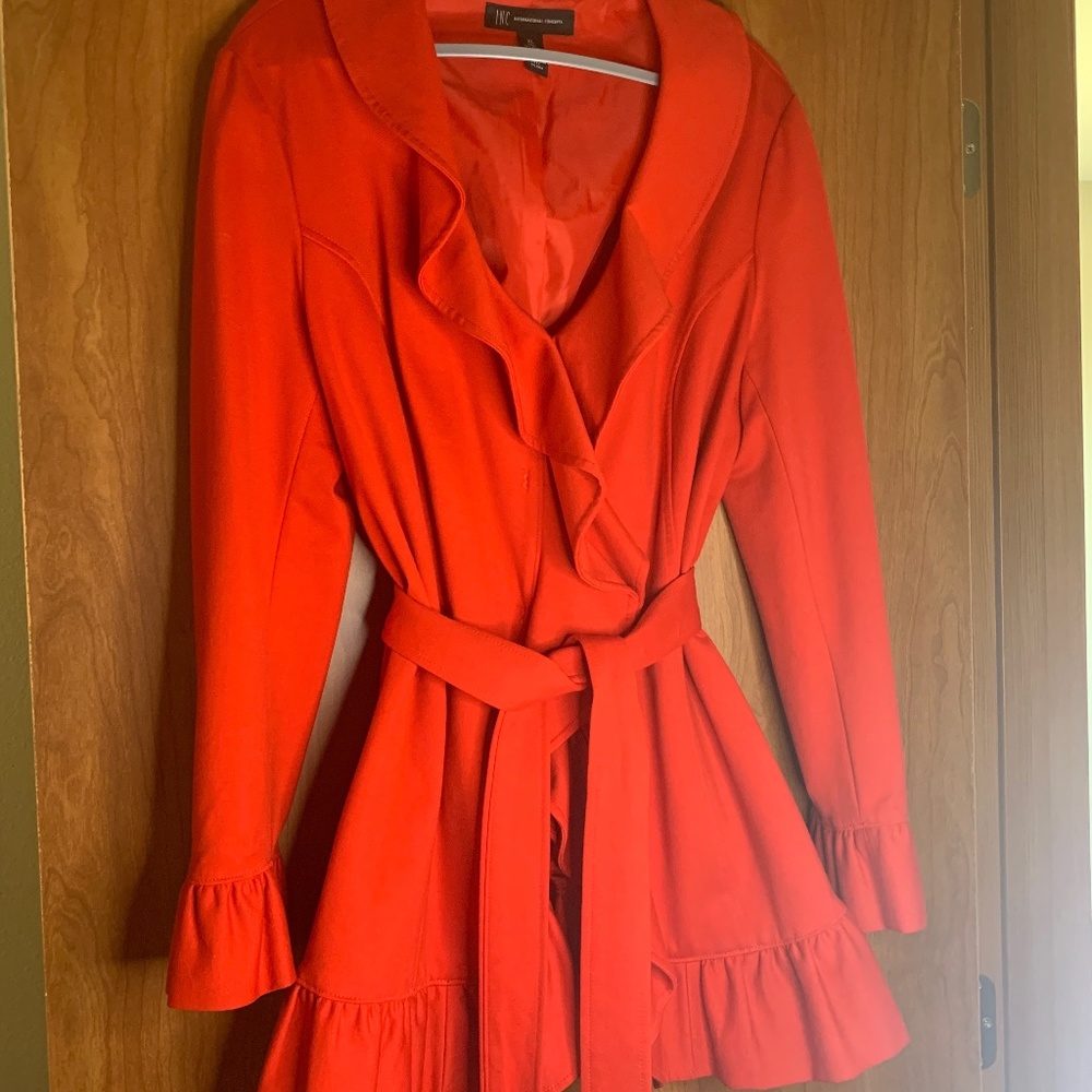BEAUTIFUL  . . .INC INTERNATIONAL CONCEPTS RED RUFFLED BELTED JACKET ~ SIZE XL